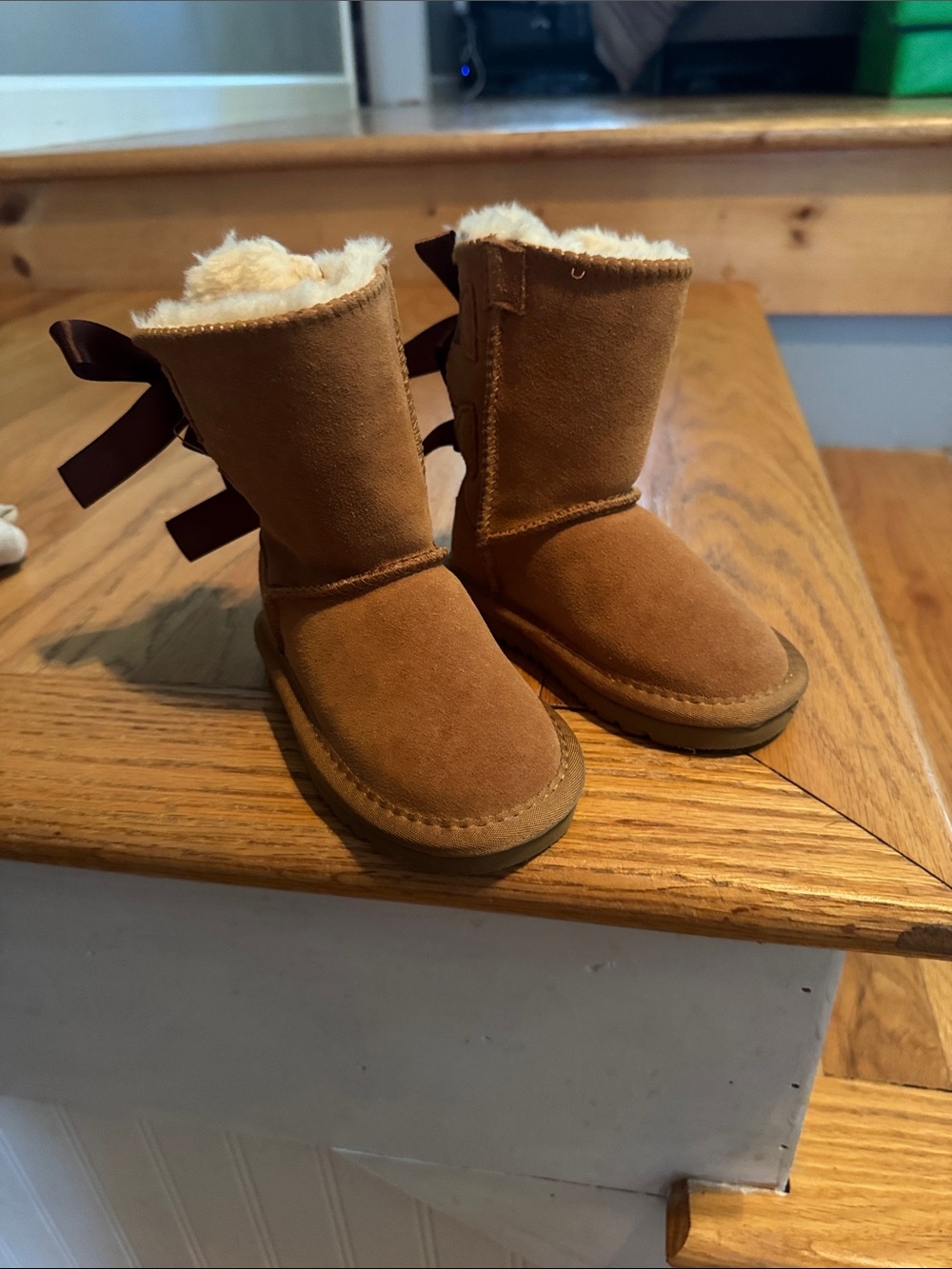 UGG Kids Chestnut Tan Suede Boots with Back Ribbon
